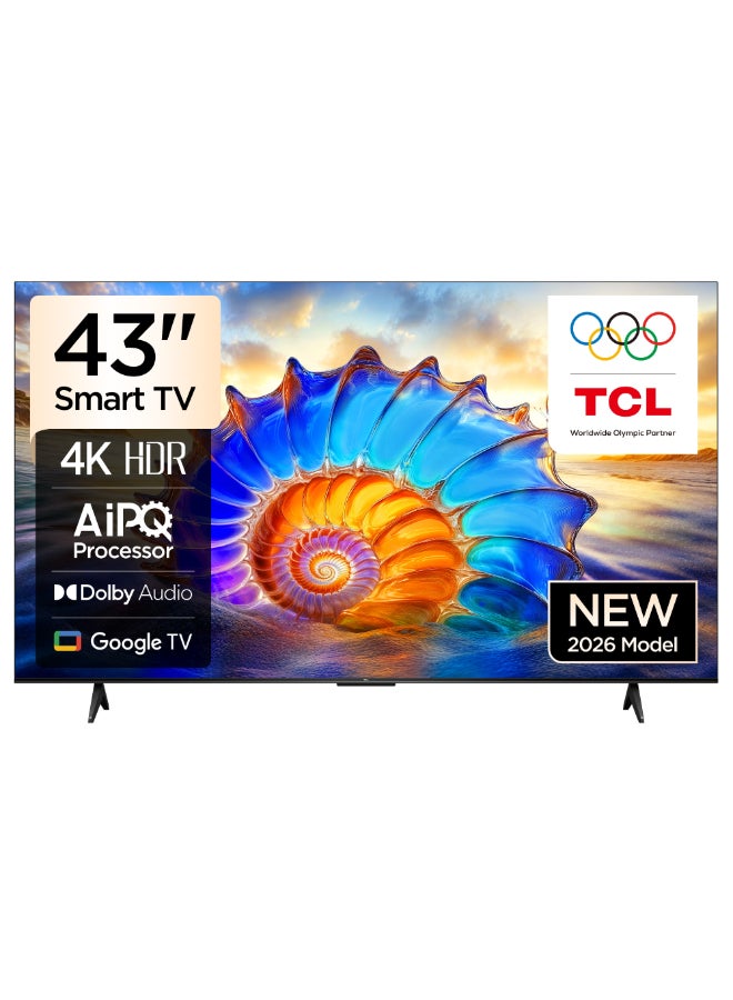 تي سي إل تلفزيون 43 بوصة 4K UHD جوجل سمارت TV، لوحة HVA، HDR10، صوت دولبي، معالج AiPQ، تصميم معدني بدون حواف (طراز 2026) - Image 1