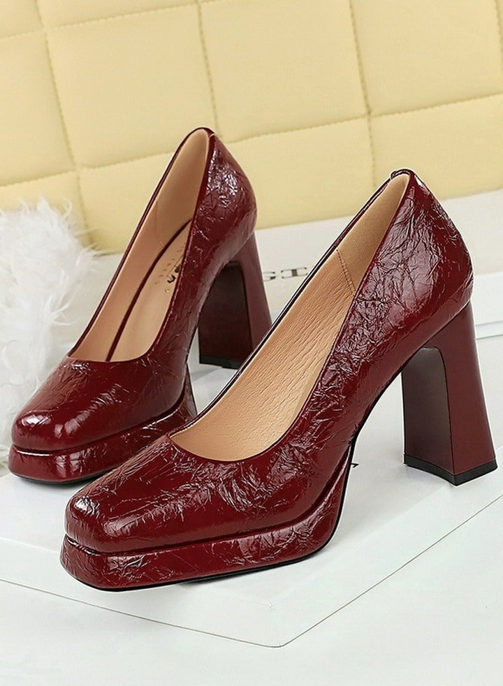 BIGTREE Womens Platform Chunky High Heel Square Closed Toe Pumps Wine Red - Image 1