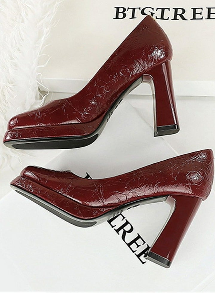 BIGTREE Womens Platform Chunky High Heel Square Closed Toe Pumps Wine Red - Image 3