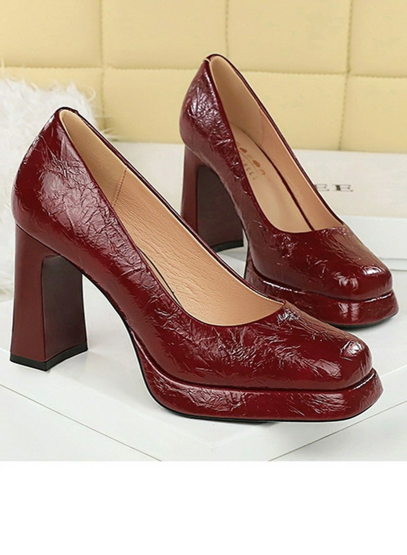 BIGTREE Womens Platform Chunky High Heel Square Closed Toe Pumps Wine Red - Image 2