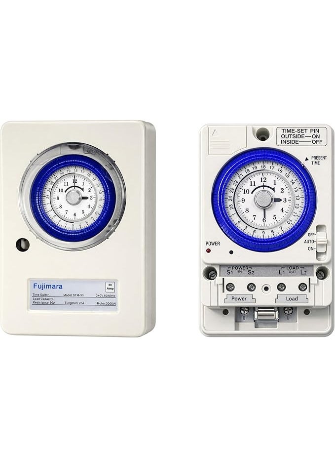 مؤقت فوجيمارا STM-30 عالي التحمل 30 أمبير – مفتاح توقيت ميكانيكي تناظري، 240 فولت 50/60 هرتز، تشغيل وإيقاف تلقائي لمضخة المياه والمحركات والسخانات والإضاءة - Image 1