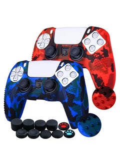 X-level Silicone Shell Accessories For Sony 5 PS5 Wireless Controller Handles With Non Slip Silicone Dust Protection Cover, PS5 Handle Shell x 2, With Thumb Handle x 10 (Red Camouflage+Blue)  - Image 1