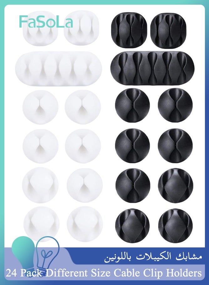 Fasola 24 Pack Cable Clips, Multipurpose Wire Organizers, Self Adhesive Cord Holders for Home, Office or Car (Black and White) - Image 1