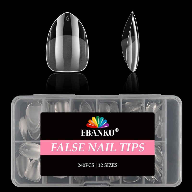 240PCS Extra Short Almond Nail Tips EBANKU Preshape Half Matte Clear Press on Nails Acrylic Full Cover False Nail Extension Clear Gelly Fake Nails for Women Girls Manicure Salon DIY 12 Sizes