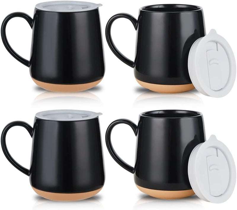 HVH Ceramic Coffee Mugs Set of 4 17oz Large Mugs with Lid Farmhouse Style Black - Image 1