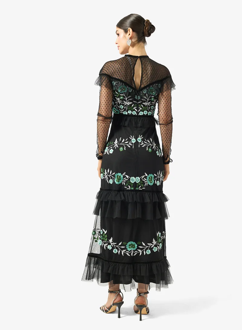 فروك اند فرل فستان ميدي بأكمام طويلة وشبكة مزينة