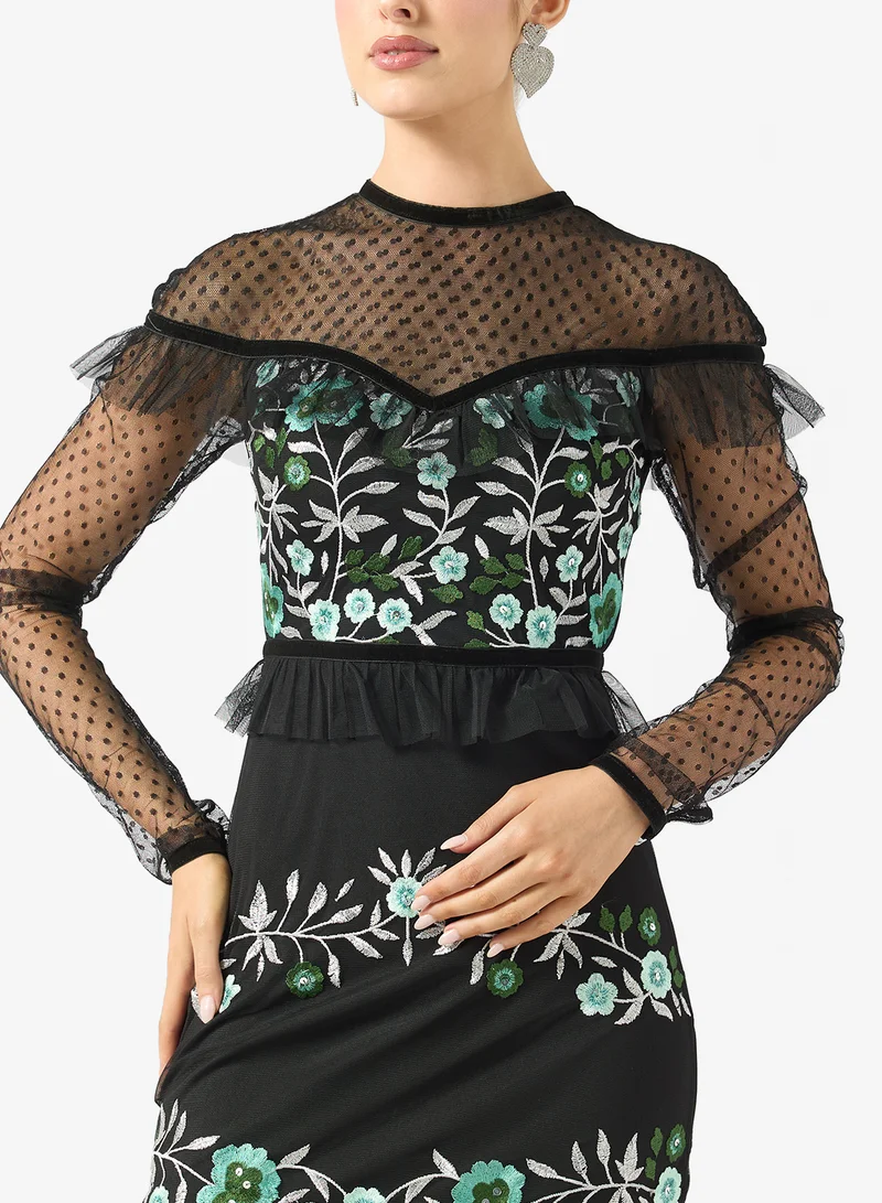 Frock And Frill  Embellished Mesh Long Sleeve Midi Dress for Women | Best Price UAE