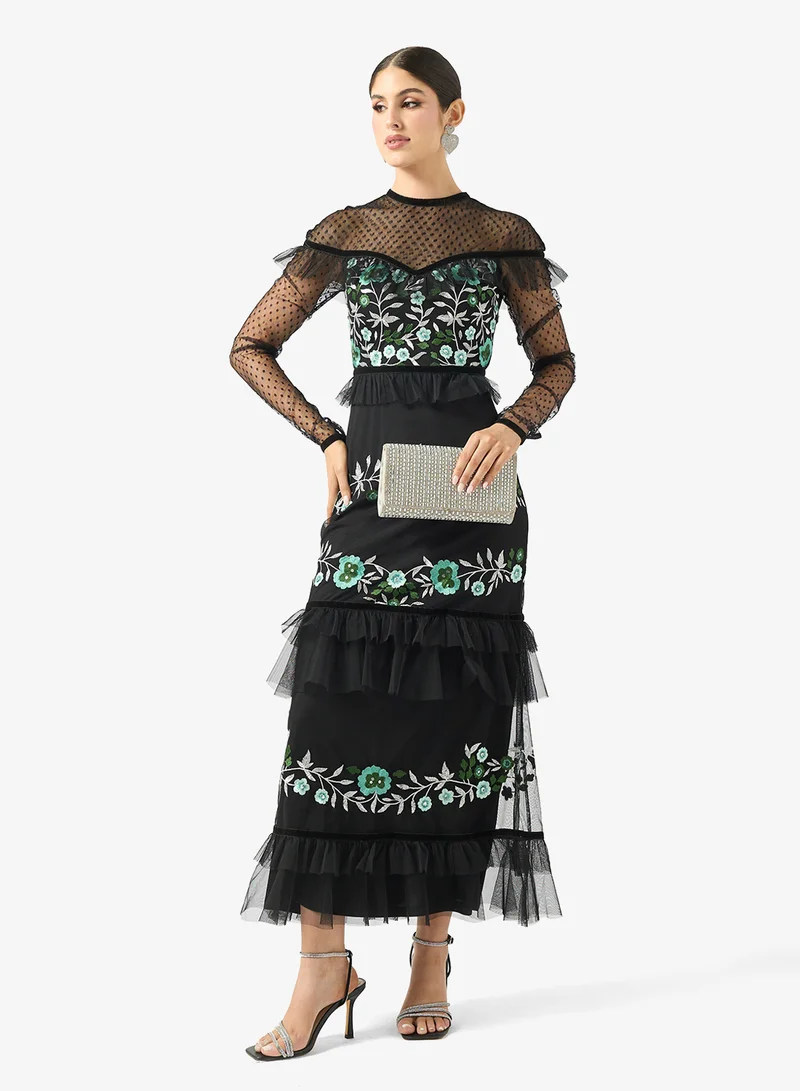 فروك اند فرل فستان ميدي بأكمام طويلة وشبكة مزينة