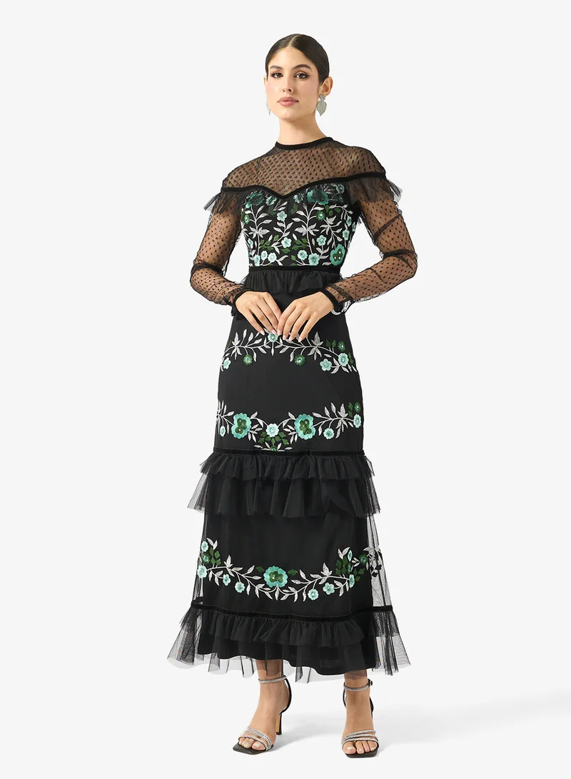 Frock And Frill  Embellished Mesh Long Sleeve Midi Dress for Women | Best Price UAE