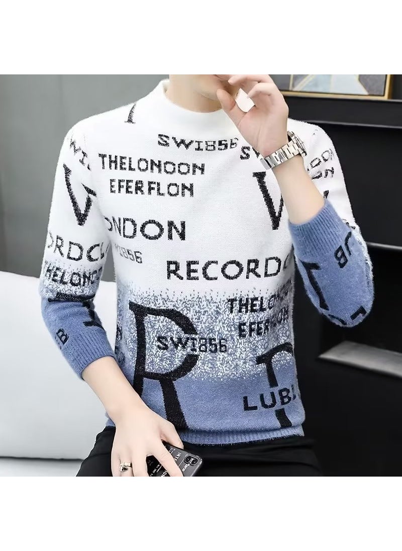 Generic - Autumn Winter Mink Knitted Top Mens Student Pullover Gradient Color Wool Clothes Pullover Half Polo/turtle Neck Base Layer Top Blue - Image 1