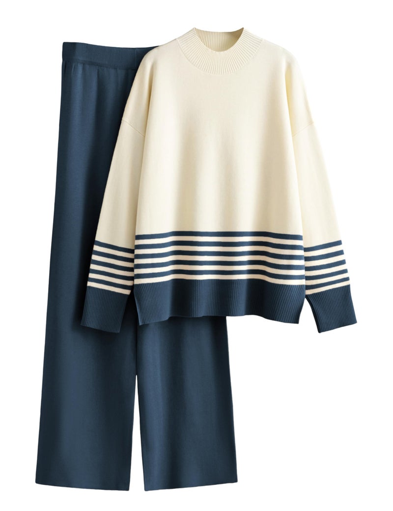 Tanming Women's Lounge Sets 2 Piece Outfits Knitted Pullover Sweater Tops Wide Leg Pants Tracksuit (Navy-L) - Image 1