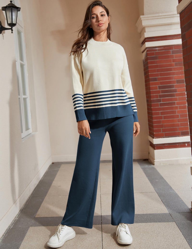 Tanming Women's Lounge Sets 2 Piece Outfits Knitted Pullover Sweater Tops Wide Leg Pants Tracksuit (Navy-L) - Image 2
