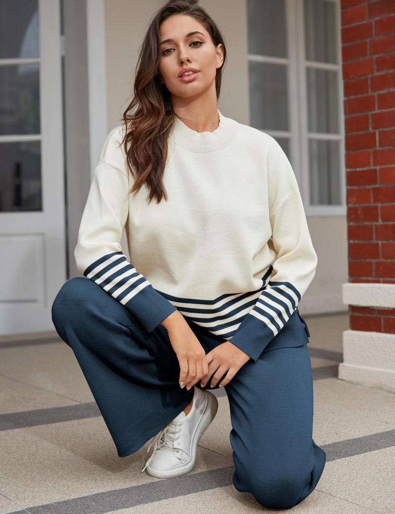 Tanming Women's Lounge Sets 2 Piece Outfits Knitted Pullover Sweater Tops Wide Leg Pants Tracksuit (Navy-L) - Image 5