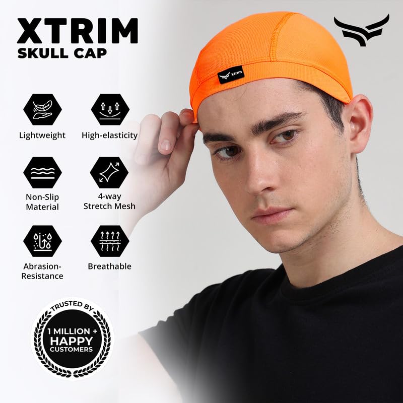 XTRIM Unisex Helmet Skull Cap for Bikers & Cyclists, Cotton Head Cap, Hair Inner Helmet Cap for Men, Sweat Cooling Beanie Cap for Men for Women, Skull Mask for Summer, Bike Accessories (Orangee) - Image 2