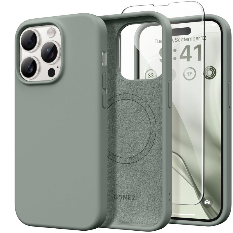 GONEZ Magnetic for iPhone 14 Pro Case Compatible with MagSafe AntiScratch Microfiber Lining Screen Protector Shockproof Slim Phone Silicone Cover 61 inch Calke Green - Image 3