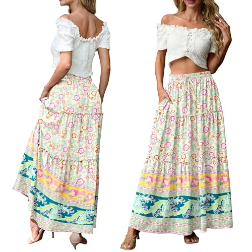 Lepunuo Maxi Floral Boho Elastic High Waisted Flowy Maxi Skirts Womens Casual Boho Skirts Trendy Floral Cute Long Skirts with Pockets - Image 5