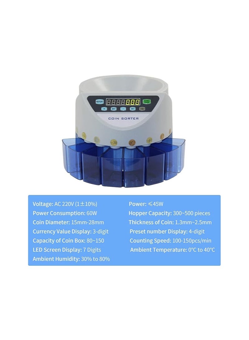 Wlson Electronic Coin Sorter Counter Counting Sorting Machine Countable Coins with Multi-Functional 7 Digit LED Display