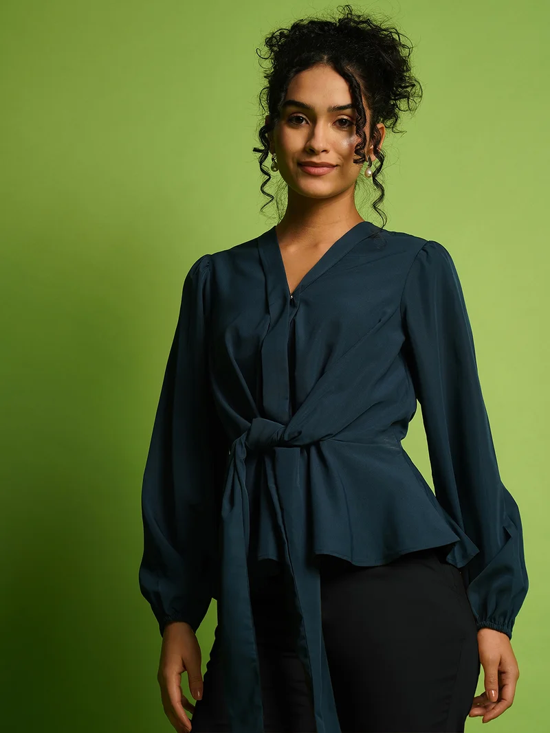 Women Solid V-Neck Tie-Up Detail Peplum Top
