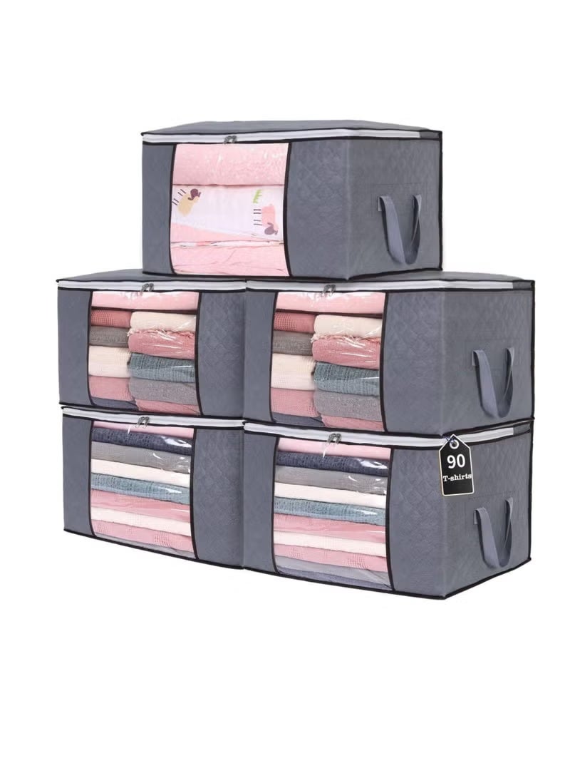5 Pack Large Storage Bags,Fabric Clothes Storage Box, Foldable Closet Organizer Storage Container with Durable Handle,Suitable For Blankets Quilts Bedding, 90L - Image 1