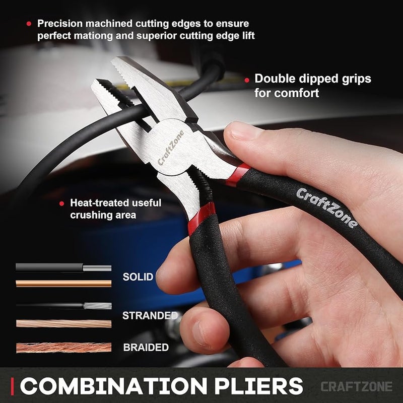 CRAFTZONE 10PC Pliers & Wrench Set, Includes Slip Joint Pliers, Long Nose Pliers, Diagonal Pliers, Groove Joint Pliers, Linesman Pliers and Adjustable Wrench, With Rack. For DIY & Home Use. - Image 5