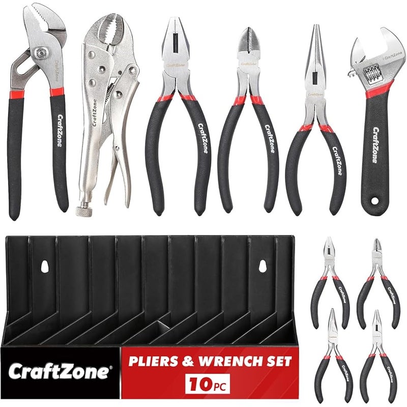 CRAFTZONE 10PC Pliers & Wrench Set, Includes Slip Joint Pliers, Long Nose Pliers, Diagonal Pliers, Groove Joint Pliers, Linesman Pliers and Adjustable Wrench, With Rack. For DIY & Home Use. - Image 1