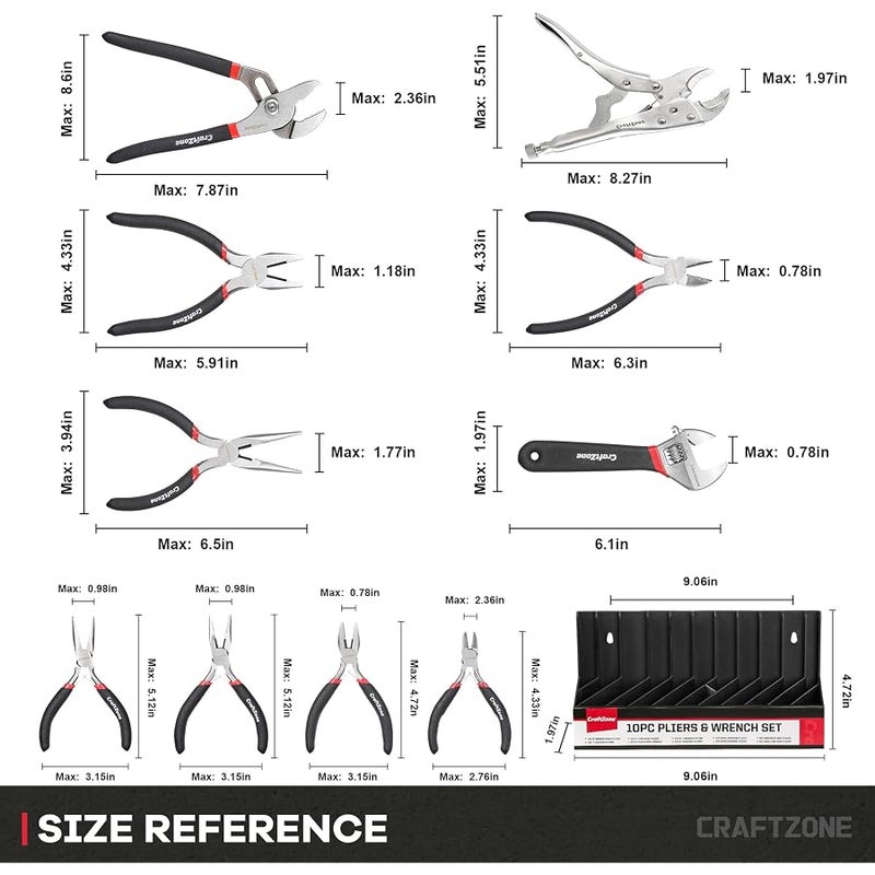 CRAFTZONE 10PC Pliers & Wrench Set, Includes Slip Joint Pliers, Long Nose Pliers, Diagonal Pliers, Groove Joint Pliers, Linesman Pliers and Adjustable Wrench, With Rack. For DIY & Home Use. - Image 2