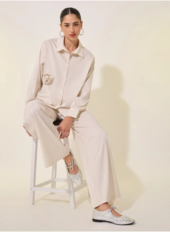 ستايلي Stripe 3D Floral Detail Long Sleeve Shirtand Pants Set