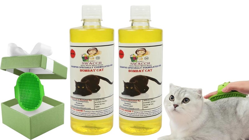Swacch Bombay Cat Shampoo -500ml (Pack of 2) (Lemon) + Bath Brush with Adjustable Straps Combo Pack - Image 1