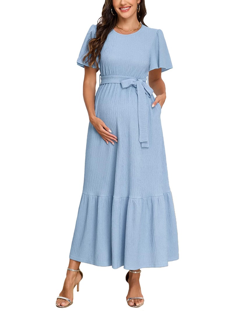 AISWI Maternity Short Sleeve Maxi Dress with Belt Crew Neck Pregnancy Tiered Ruffle Flowy Pocket Dresses Baby Shower, Light Blue, S - Image 1