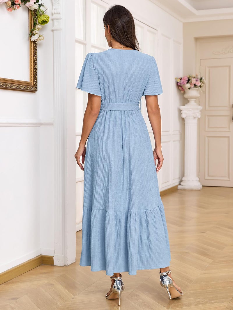 AISWI Maternity Short Sleeve Maxi Dress with Belt Crew Neck Pregnancy Tiered Ruffle Flowy Pocket Dresses Baby Shower, Light Blue, S - Image 2
