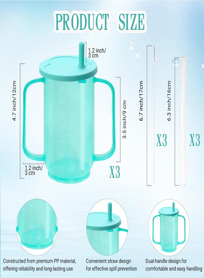SENONAPO 3 Pcs Adult Sippy Cups for Elderly with 2 Handles and Straw Lid 12 oz Plastic Straw Cups Elderly Drinking Cups Green Spill Proof Cups for Adults Disabled Patients Hospital Supplies - Image 2