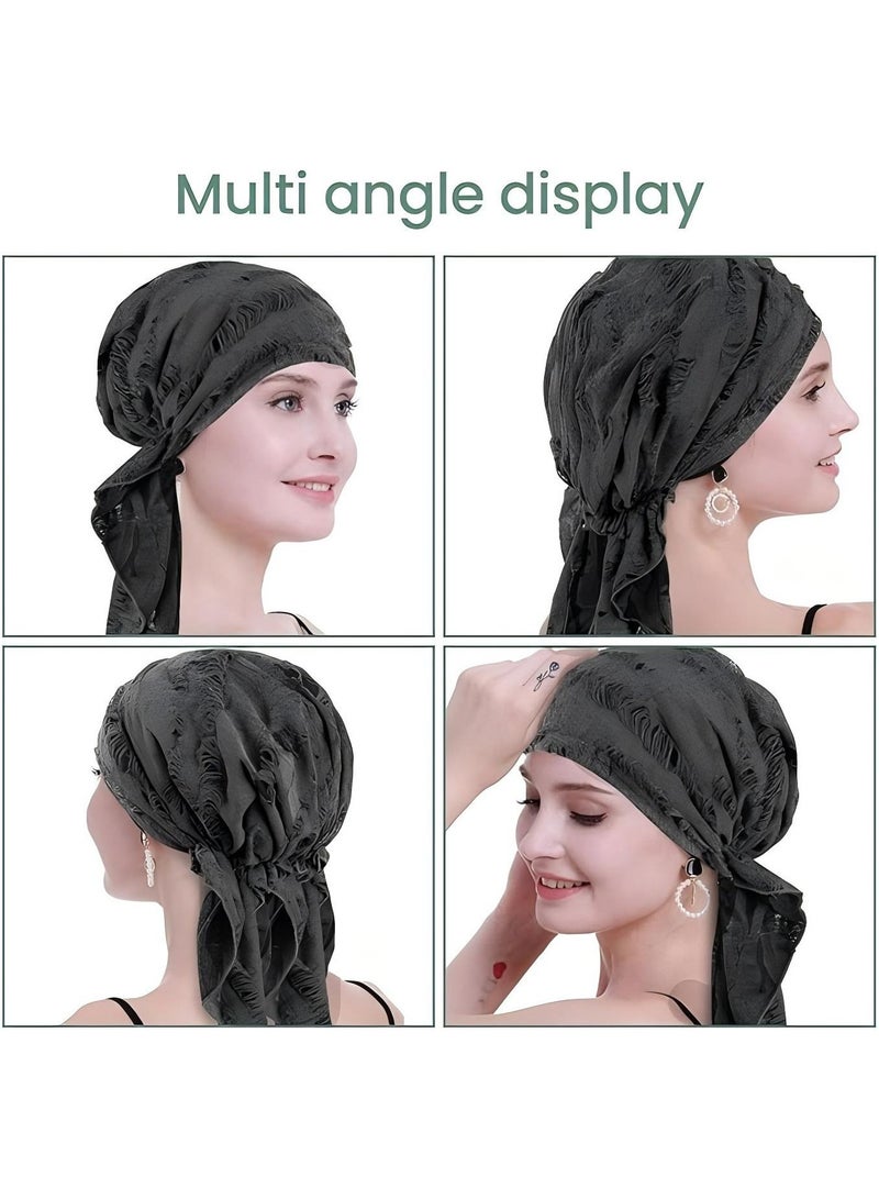 Women Hijab Chemo Headwear Pre Tied Curved Hood Head Scarf Fashionable Distressed Feathers Headwraps Lightweight Turban Beanie Cap Dark Grey - Image 4