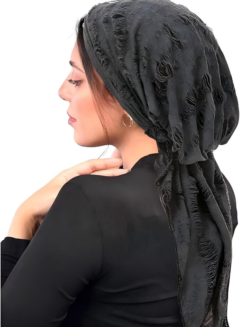 Women Hijab Chemo Headwear Pre Tied Curved Hood Head Scarf Fashionable Distressed Feathers Headwraps Lightweight Turban Beanie Cap Dark Grey - Image 1