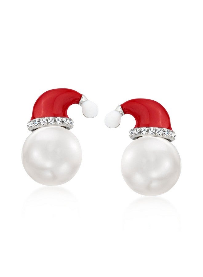 ROSS-SIMONS 8-8.5Mm Cultured Pearl And Multicolored Enamel Santa Hat Earrings In Sterling Silver - Image 1