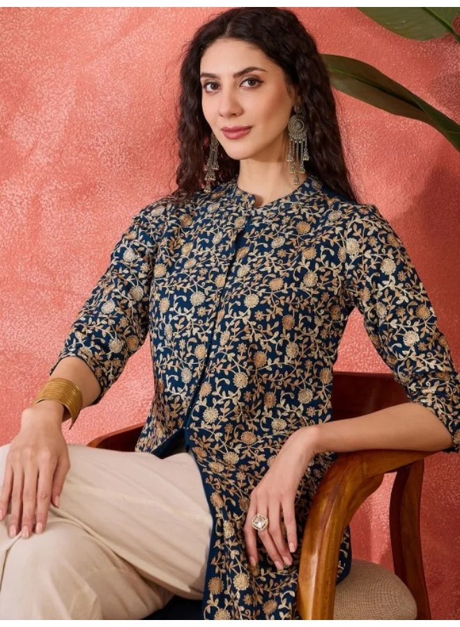 AKS Navy Blue Gold Thread Embroidered Kurta