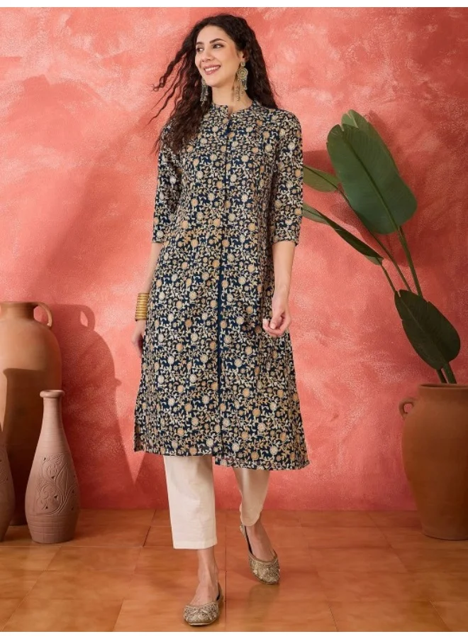 AKS Navy Blue Gold Thread Embroidered Kurta