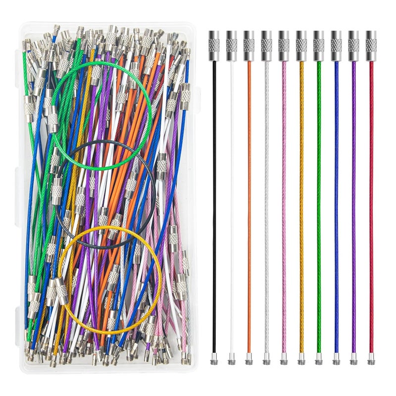 FZWONVUC 100Pcs Stainless Steel Wire Keychain Cable, 6.0 Inch Heavy Duty Connectable Key Ring Holder for Outdoor Hiking Travel Luggage Tag, Corrosion-Resistant Lightweight Multi-Use Wire Keychain (10 Colors) - Image 1