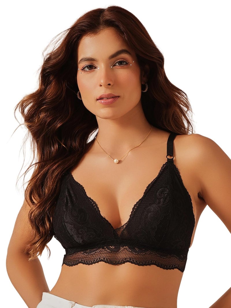 Clovia Women's Lace Non-Padded Non-Wired Full Cup Longline Bralette (BR2403A13_Black_38D) - Image 1