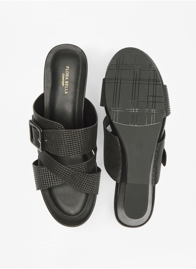 Flora Bella By Shoexpress Women's Textured Cross Strap Slide Sandals With Buckle Accent And Wedge Heels Ramadan Collection  - Image 4