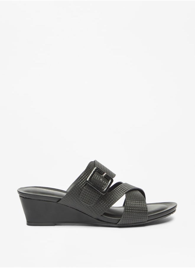 Flora Bella By Shoexpress Women's Textured Cross Strap Slide Sandals With Buckle Accent And Wedge Heels Ramadan Collection  - Image 1