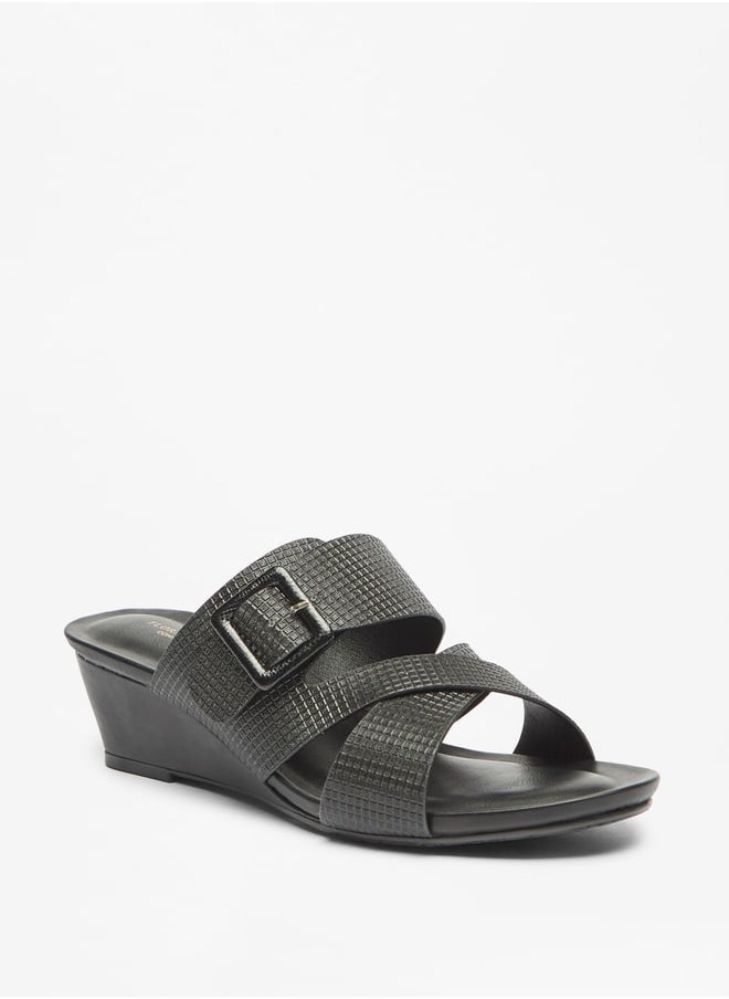 Flora Bella By Shoexpress Women's Textured Cross Strap Slide Sandals With Buckle Accent And Wedge Heels Ramadan Collection  - Image 3