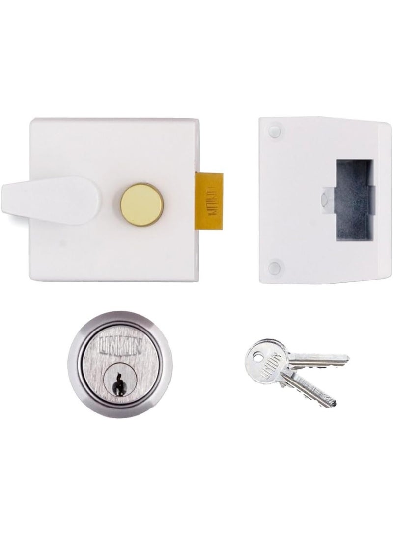 Union White Nightlatch, 60mm Backset Standard Security Cylinder Rim Lock, White Enamel Case with Polished Brass 5-Pin Cylinder, Concealed Fixing, 2 Keys, For Inward-Opening Timber Ste - Image 2