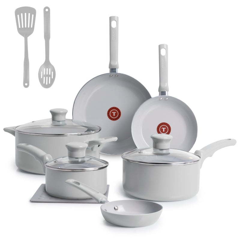 T-fal طقم أواني الطهي غير اللاصقة من تيفال، 12 قطعة، يشمل قدر كبير، مقلاة، مقالي، أدوات، رمادي قمري - Image 1