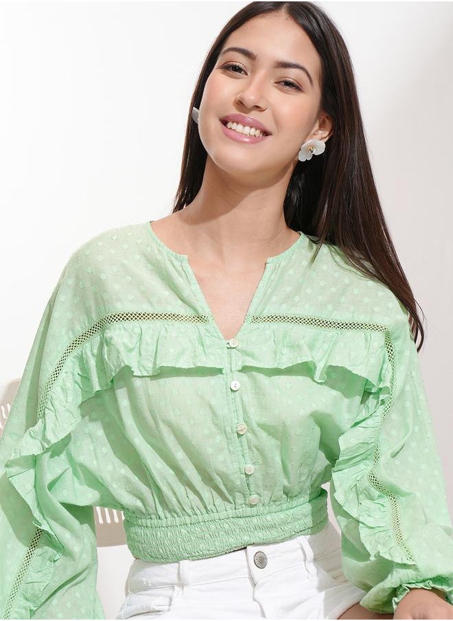 Tokyo Talkies Dobby Batwing Sleeve Ruffle Detail Crop Top by Styli  - Image 1