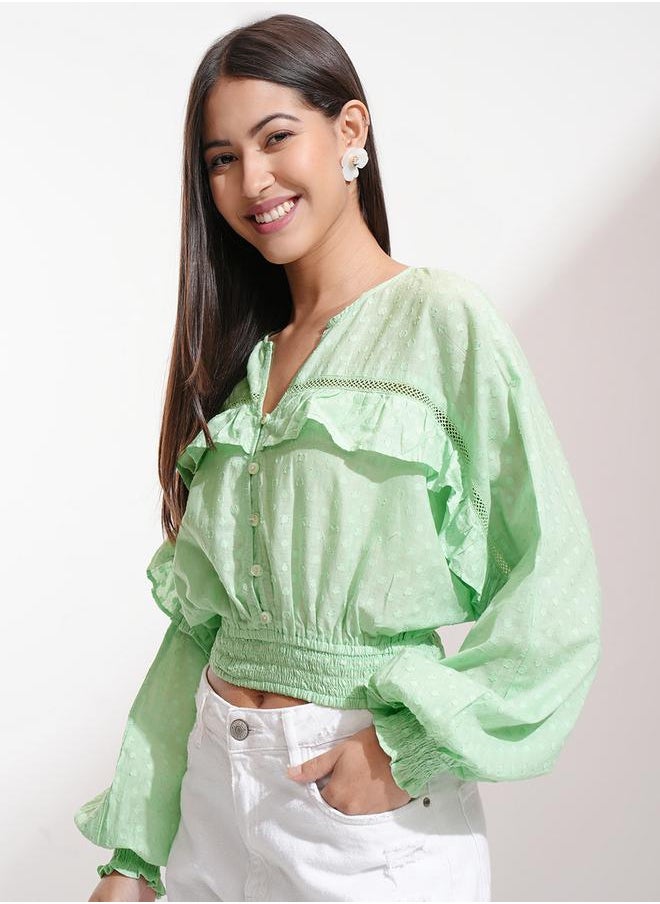 Tokyo Talkies Dobby Batwing Sleeve Ruffle Detail Crop Top by Styli  - Image 4