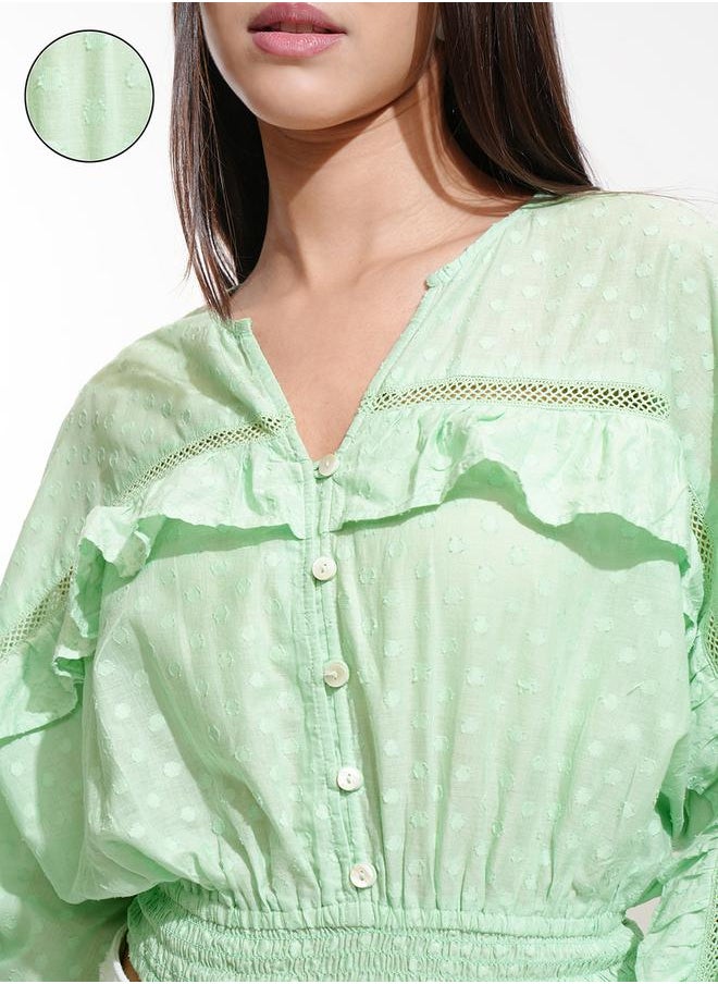 Tokyo Talkies Dobby Batwing Sleeve Ruffle Detail Crop Top by Styli  - Image 5