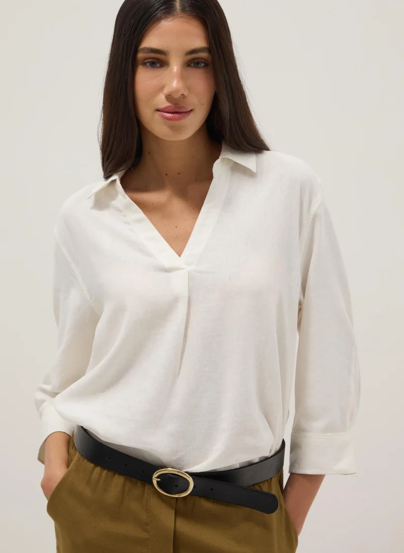 او في اس OVS White Linen And Viscose-Blend V-Neck Regular-Fit Shirt