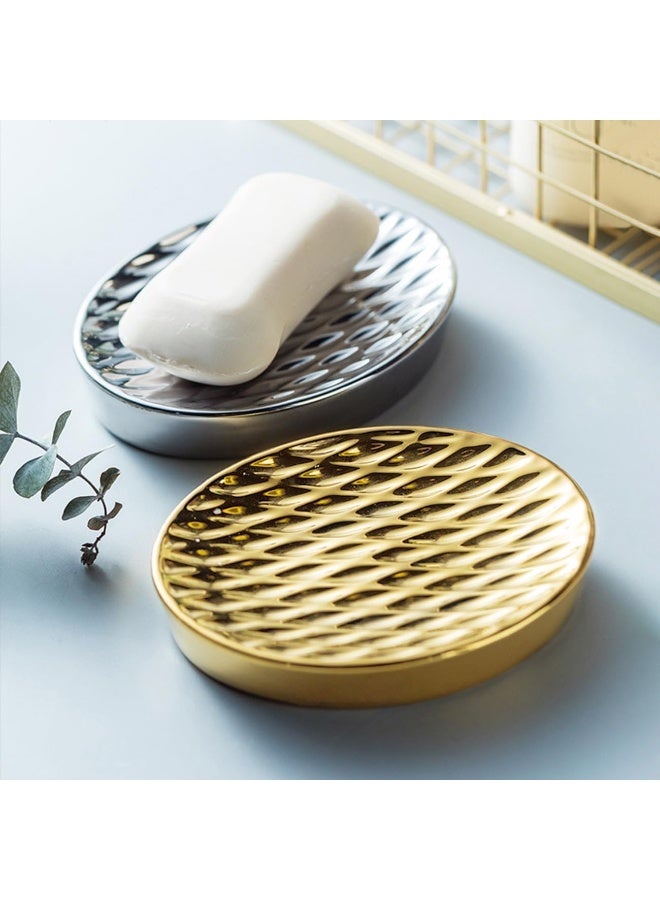 SYOSI Ceramic Soap Dish, Oval Shower Soap Tray, Decorative Grid Texture Grooves Sponge Holder, Easy to Clean Soap Saver Plate for Bathroom, Kitchen Sink, Hotels Restaurants (Gold) - Image 2