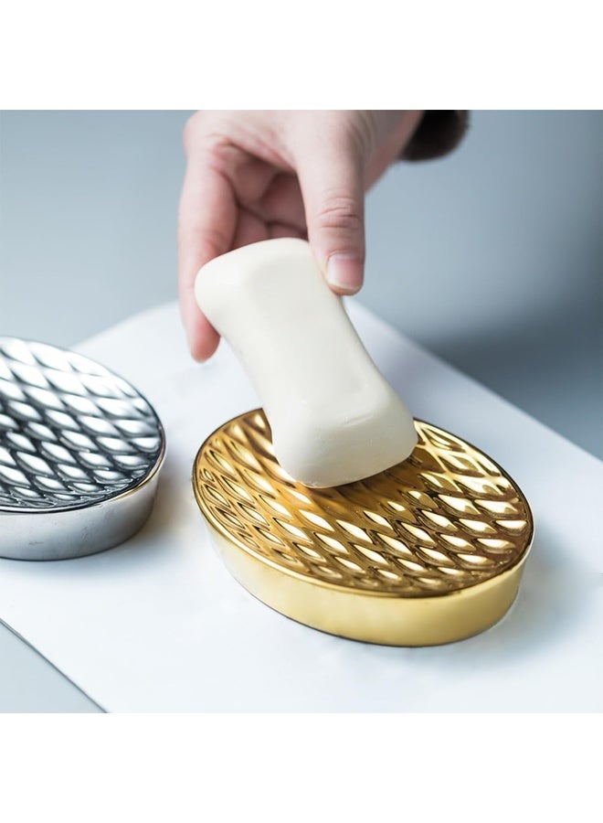SYOSI Ceramic Soap Dish, Oval Shower Soap Tray, Decorative Grid Texture Grooves Sponge Holder, Easy to Clean Soap Saver Plate for Bathroom, Kitchen Sink, Hotels Restaurants (Gold) - Image 4