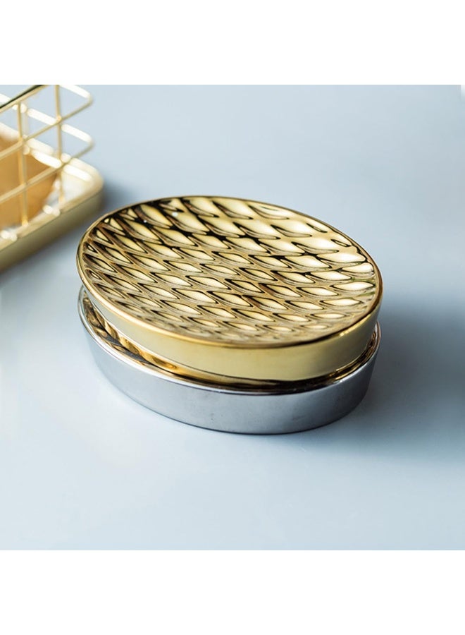 SYOSI Ceramic Soap Dish, Oval Shower Soap Tray, Decorative Grid Texture Grooves Sponge Holder, Easy to Clean Soap Saver Plate for Bathroom, Kitchen Sink, Hotels Restaurants (Gold) - Image 5
